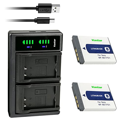 Kastar 2-Pack Battery and LTD2 USB Charger Compatible with Sony NP-BD1 Battery, BC-CSD BC-CS3 Charger, Cyber-Shot DSC-T500, Sony Cyber-Shot DSC-T700, Cyber-Shot DSC-T900, Cyber-Shot DSC-TX1 Cameras