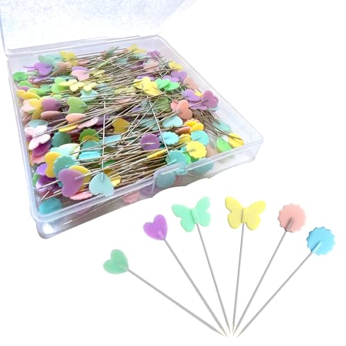 300pcs Sewing Pins Flat Head Straight Pins with Butterfly Heads, Long 2.16inch Quilting Pins for Dressmaker, Craft, Sewing Project and DIY Decoration (Flower+Butterfly+Button 300pcs)