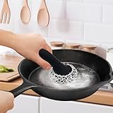 Cast Iron Scrubber with Long Handle | 316 Cast Iron Cleaner Chainmail Scrubber for Cast Iron Pan Skillet Cleaner - Dish Scouring Pad Dishwasher Safe Cleaning Kit (Black, 1 Scrubber + 1 Scraper)