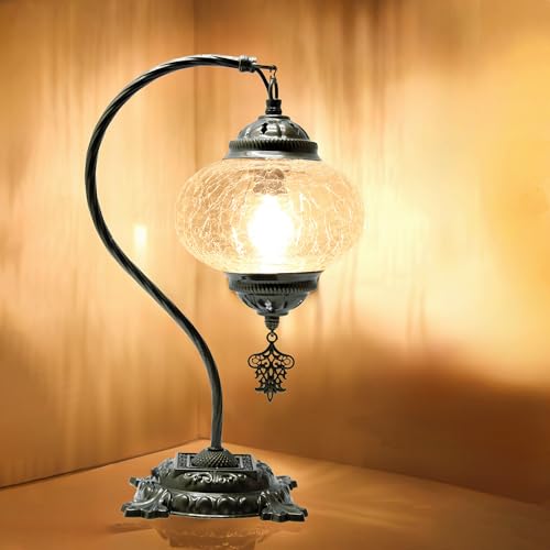 BYTURKISHLAMPS Turkish Crack Clear Lamp Baked-On Paint, Handmade Mosaic Glass Ottoman Moroccan Nightstand, Swan Neck Bedroom Light, Boho E14 Socket, Plug-in Cord with On/Off Switch (Crackle Amber)