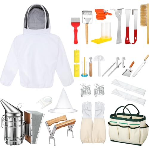 Leriton 30 Pcs Beekeeping Supplies Beehive Equipment Beekeeping Starter Kit Bee Keeper Supplies All with Jacket Beehive Kit Bee Smoker Uncapping Tool for Beginners Professional Beekeepers(Large)