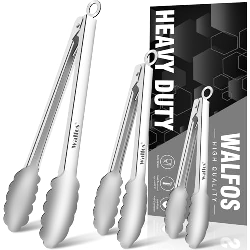 Walfos Stainless Steel Tongs, 3-Piece Set (7", 9", 12") - Heavy Duty, Heat Resistant, Non-Slip Grip, BBQ Grilling & Cooking Tongs
