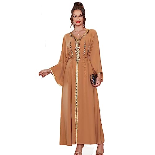 PolyJolly Khaki Handmade Bead Abaya Dress for Women Dubai Sadui Jalabia Moroccan Occasion Dress S