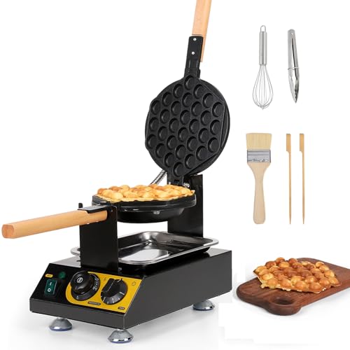 Dyna-Living Bubble Waffle Maker Commercial Bubble Waffle Machine, 1400W Egg Waffle Machine Non-stick Waffle Egg Maker with Crumb Tray, 30 Egg Cones Hong Kong Style Bubble Egg Waffle, 180° Rotating