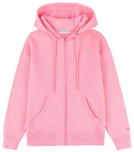 BETTERCHIC Women's Hooded Sweatshirt Casual Soft Brushed Fleece Hoody Drop Shoulder Full Zip Up Hoodie (PINK,S)