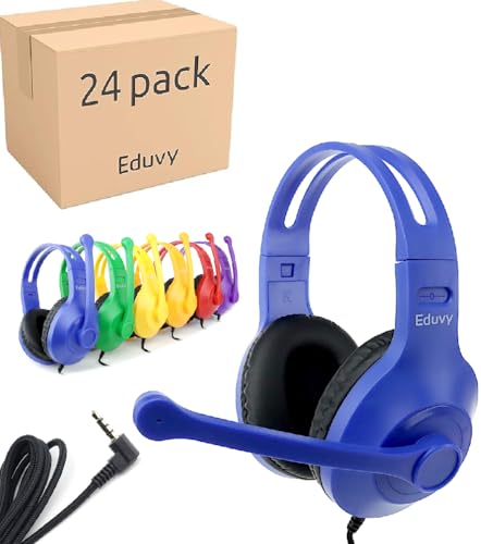Eduvy Bulk Headphones for Classroom with Microphone, Heavy-Duty School Pack Wired Headphones for Students with Rotating Boom Mic. Teacher Must Haves from Elementary to College (24 Pack Mixed Color)