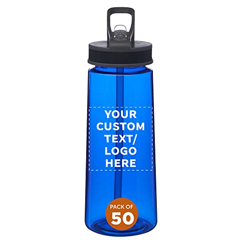 DISCOUNT PROMOS Custom Plastic Sports Bottles with Spill Proof Lids 22 oz. Set of 50, Personalized Bulk Pack - Reusable, With Straw, Perfect for Gym, Outdoor Sports, Home, Office - Blue