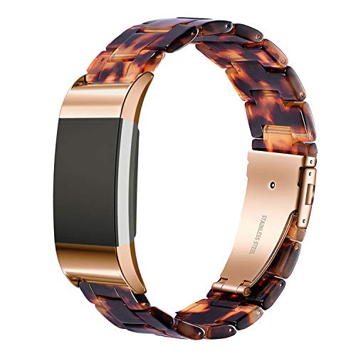 Wongeto Resin Band Compatible with Fitbit Charge 2 for Women Men,Fashion Resin Band Bracelet Wristband Strap for Fitbit Charge 2 HR Wristbands(Rose Gold+Tortoise)