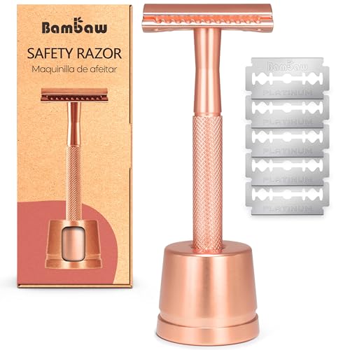 Bambaw Double Edge Safety Razor with Stand, Women Razor with 5 Double Edge Safety Razor Blades, Plastic Free Metal Razor – Rose Gold