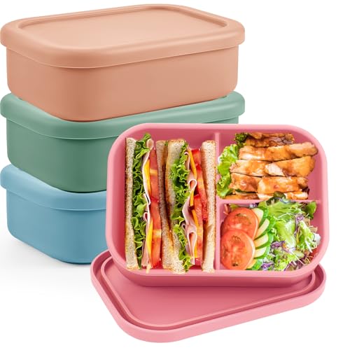 Layhit 4 Pcs Silicone Bento Box Reusable 3 Compartment Silicone Bento Lunch Container for Adults Microwave Dishwasher Freezer Safe (Dark Colors)