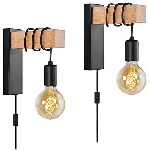 Black Plug in Wall Sconces Set of 2 - E26 Wall Lamp for Bedroom Bedside Farmhouse Reading Sconces Industrial Wall Mounted Lighting Fixture Wood Switch with Plug in Cord(No Bulb)