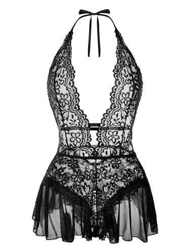 allribelly Women's Lace Bodysuit Sexy Halter V Neck One-Piece Teddy Lingerie
