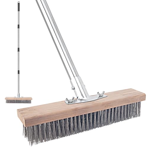 Stainless Steel Wire Scrub Brush with Long Handle for Deck, Concrete, Patio Floor Cleaning, 59'' Heavy Duty Stiff Metal Bristle Scrubber Broom for Outdoor Moss Removal