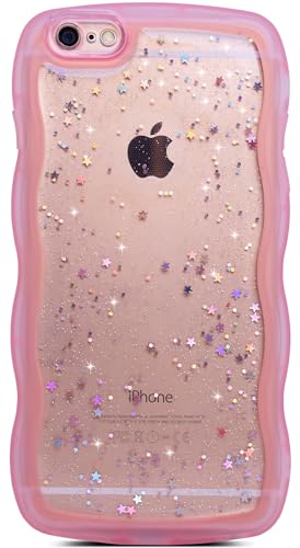 Qokey for iPhone 6S Plus Case,for iPhone 6 Plus Case 5.5",Curly Wavy Transparent Bling Glitter Star Shiny Cute Clear Transparent Full Protection Soft TPU Shockproof Cover for Women Girls,Pink
