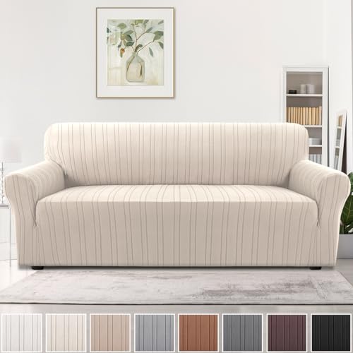 H.VERSAILTEX High Stretch Sofa Slipcover 1-Piece Couch Cover Non Slip Sofa Cover with Elastic Bottom Thick Soft Sofa Covers Washable Polyester Spandex Jacquard Fabric Stripe Design(Sofa, Natural)