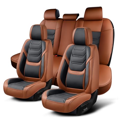 TIEHESYT Leather Car Seat Covers Full Set with Lumbar Support, Waterproof Car Seat Cover, Universal Seat Covers for Cars, Trucks, SUVs, Sedans, Airbag Compatible, Front Pair and Rear, Brown&Black