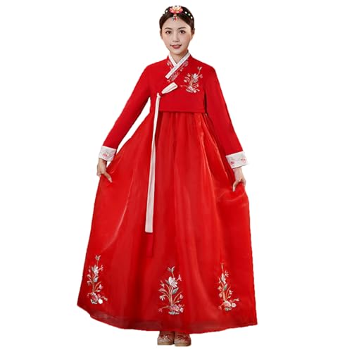 KUFEIUP Women's Korean Hanbok Dress Floral Embroidery Cosplay Costume (Red, Large)