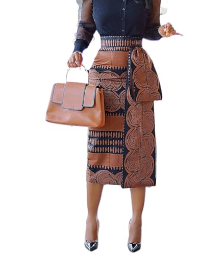 THLAI Women Paisley Midi Skirt Print Bodycon Long Skirt High Waist African Skirt Split Skirt Brown