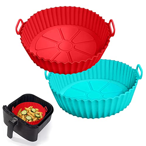 2 Pack Air Fryer Silicone Liners for 5 QT or Bigger,Silicone Air Fryer Liners Inserts,Replacement of Flammable Parchment Paper,Reusable Baking Tray Oven Accessories,Red+Blue(Top8.66in, Bottom7.48in)