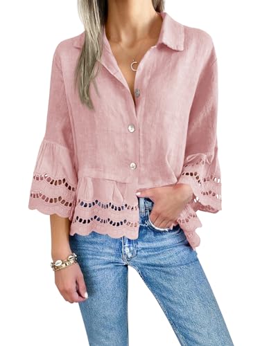 Cicy Bell Womens 3/4 Bell Sleeve Button Down Shirts Casual Ruffle Hem Tops Eyelet Blouse Pink