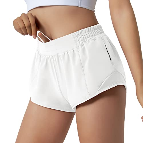 Aurefin Running Shorts for Women,Quick Dry Athletic Sports Shorts Lightweight Active Workout Gym Shorts with Zip Pocket White/XS