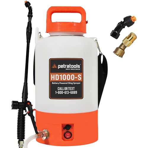 PetraTools Battery Powered Sprayer 1 Gallon - HD1000-S - Heavy Duty Electric Sprayer for Lawn and Garden Weed/Pest Control, Watering - with Battery, Charger & 2 Nozzles (1 Gallon)