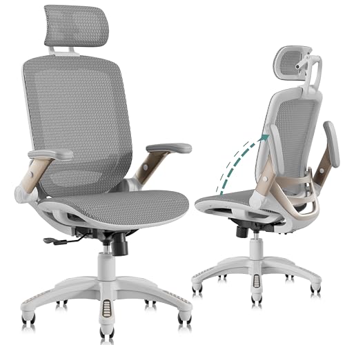 GABRYLLY Ergonomic Office Chair, High Back Home Desk Chair with Headrest, Flip-Up Arms, 90-120° Tilt Lock and Wide Cushion, Big and Tall Mesh Chairs for Man Woman, White Task Chair