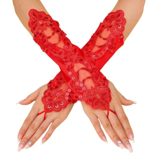 Latious Long Fingerless Lace Bride Wedding Gloves White Satin Elbow Length Bridal Gloves Prom Accessories for Women (Red)