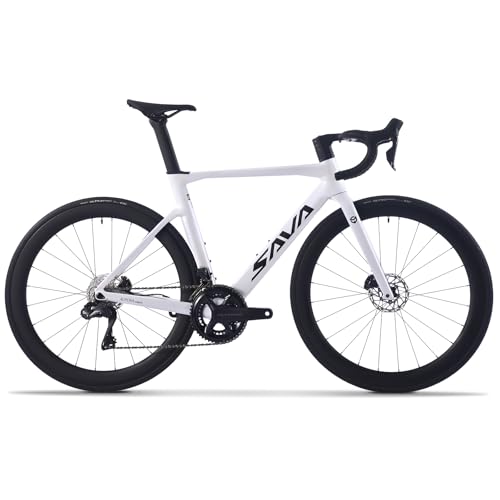 SAVADECK Carbon Siber Road Bike, 24 Speeds Shifting Road Bicycle with Shimano Ultegra Di2 8170 Groupset, Carbon Race Bike with Carbon Frame and Carbon Wheelset Disc Brake for Adult(White,56cm)