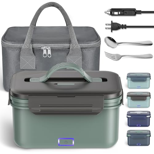 Vingud Electric Lunch Box Food Heater, 1.8L Heating Lunch Box for Work/Car/Truck, Heated Lunch Boxes for Adults with 1.8L Stainless Steel Container, 12V 24V 110V (Green + Gray)