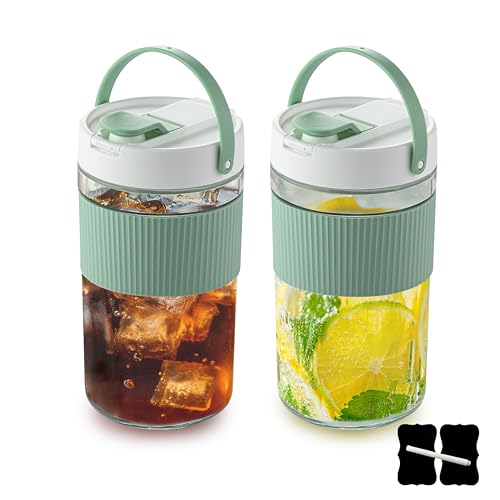 2-Pack Glass Mason Jar Water Pitcher with Lids, 54FL OZ (1600ML) - Large Wide Mouth, Pour Spout & Handle for Cold Brew Tea, Iced Coffee & Cold Drinks - Ideal for Refrigerators & Kitchens