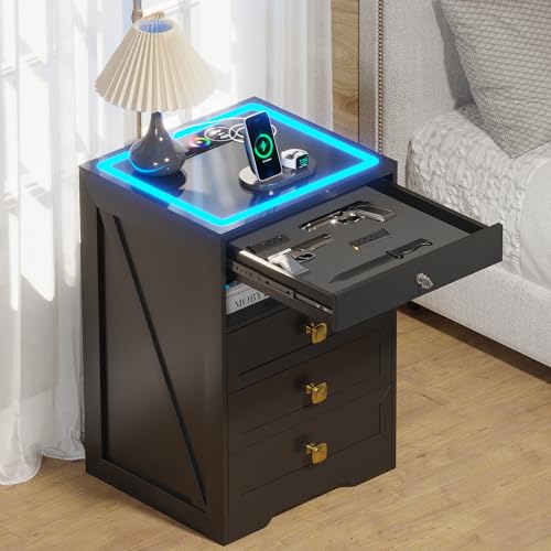 Lvifur LED Nightstand with Gun Drawer, Glass Top Bedside Table with Wireless Charging Station, LED Night Stand with Human Sensor Design, Modern End Table for Bedroom Living Room (Black)