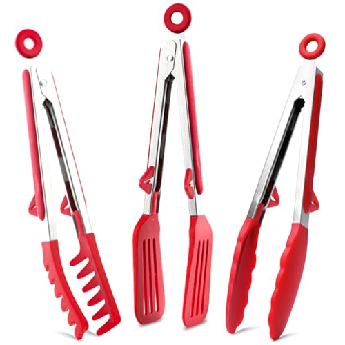 Kitchen Tongs, 9 Inch Tongs for Cooking with Silicone Tips, Food Grade Mini Serving Tong for Nonstick Pans, BBQ, Salad, Set of 3, Red