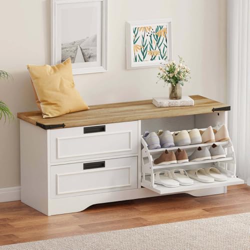 FATORRI Shoe Storage Bench, Entryway Bench with Flip Drawer, Wooden Entry Way Shoe Cabinet for Living Room Hallway (Rustic Oak+White Oak)