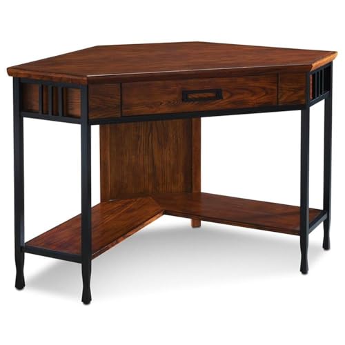Leick Home 11230 Ironcraft Corner Writing/Computer Rustic Desk with Drawer and Shelf, Mission Oak and Black
