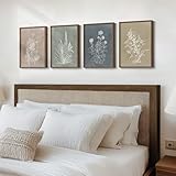 Boho Framed Botanical Wall Art for Living Room, Set of 4 Rustic Flower Canvas Paintings ArtWork for Walls, 4 Piece Vintage Minimalist Floral Neutral Prints for Hallway Bedroom Dining Room Kitchen Bathroom Wall Decor