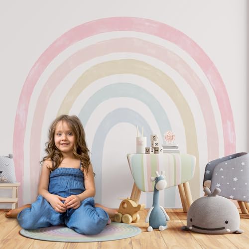 Henoyso 6 Pack 95'' x 83'' Extra Large Rainbow Wall Decals Watercolor Playroom Wall Decals Boho Peel and Stick Vinyl Rainbow Wallpaper Decor for Girls Toddler Bedroom Nursery Living Room(Light Colors)
