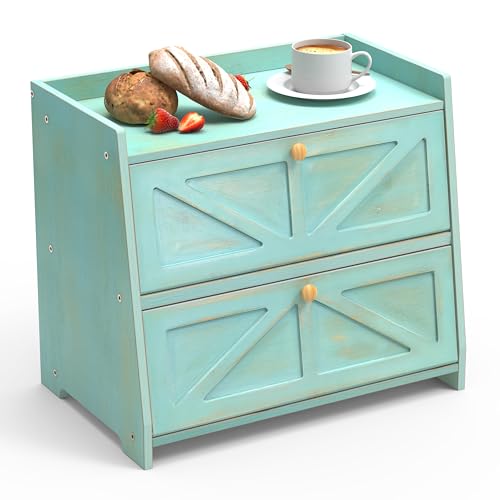 Trironsun Vintage Double Layer Bread Box for Kitchen Counter Bamboo Bread Storage Container Large Capacity Bread Storage Bin (Antique Blue)