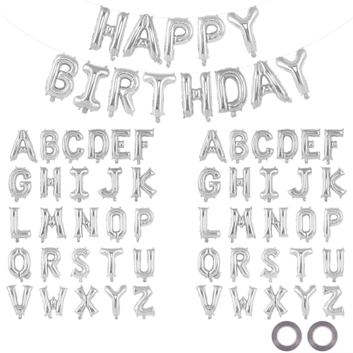 65 Pcs Silver Happy Birthday Balloons and 2 Sets A-Z Letters Foil Balloons, 16 Inch Personalized Name Happy Birthday Banners for Wedding Baby Shower Anniversary Party Decorations (Silver)