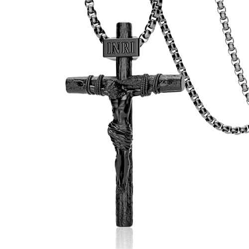 ZENLUNANO Crucifix Cross Necklace for Men with Exquisite Jesus Pendant - Cool Black, Big, 30 Inch Stainless Steel Necklace Chain