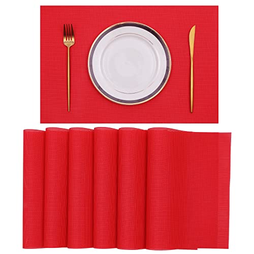 SHACOS Placemats Set of 6 Woven Vinyl Christmas Place Mats for Dining Table Wipe Clean Stain Resistant Table Mats Indoor Outdoor (6, Red)