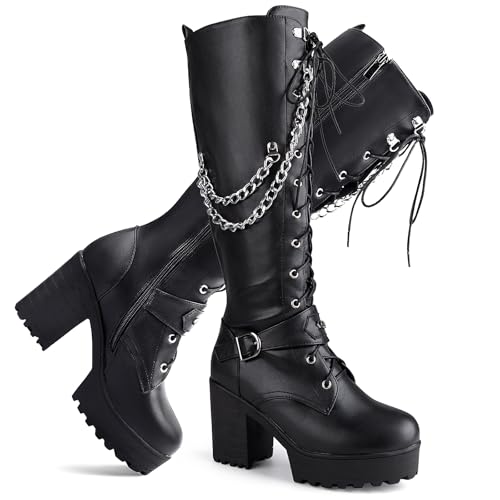 SeiteHuud Women Fashion Platform Knee High Boots Block Heels Long Boots Lace Up Winter Shoes High Heel Gothic Long Boots with Chain Black Size 40, 8