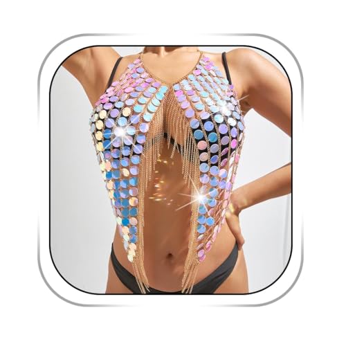 Yovic Boho Body Chain Gold Sequins Waist Chains Sexy Tassel Bra Chain Rave Nightclub Party Body Accessories for Women (Gold-5)