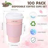 Bokon 100 Pack Disposable Coffee Cups with Lids 16 oz Paper Coffee Cups Bulk with Sleeves Stirring Straws Set Pink Cute Disposable Drinking Mug for Hot Cold Beverage Party, 4 Colors