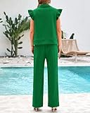 BTFBM Women Summer 2 Piece Sets Airport Outfits Ruffle Cap Sleeve Quarter Zip Top Wide Leg Pants Lounge Set Tracksuits(Green, Large)