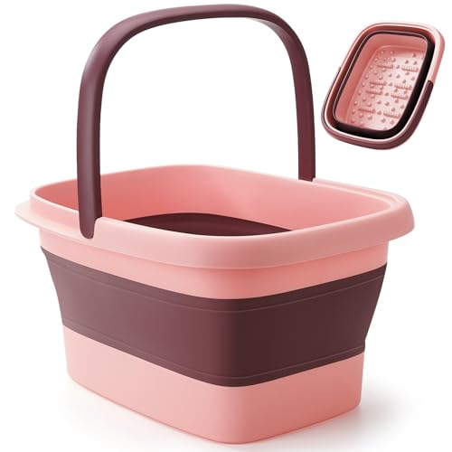 moohemoo Collapsible Foot Bath Basin with Massage Acupoint for Soothing Foot Soaks, Soaking Tub for Pedicure Spa, Multifunction Plastic Bucket with Handle, Home Spa Treatment – Pink