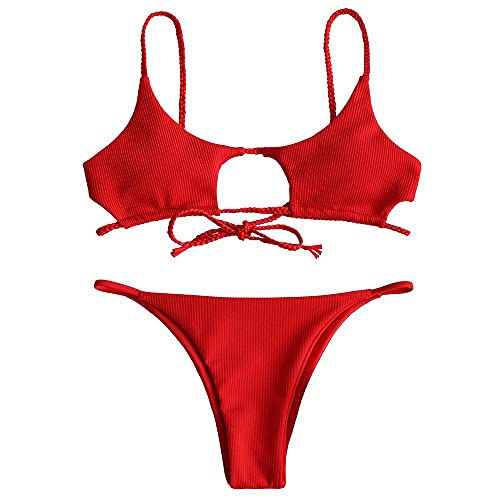 ZAFUL Womens Cut Out Bikini Set Swimsuit Cami String High Cut Sexy Bathing Suit Red