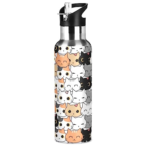 ZOEO Water Bottle with Straw, Cartoon Cat Kitten Lid Thermos Kids Insulated Stainless Steel Water Flask Sports, 20 Oz Hot Cold