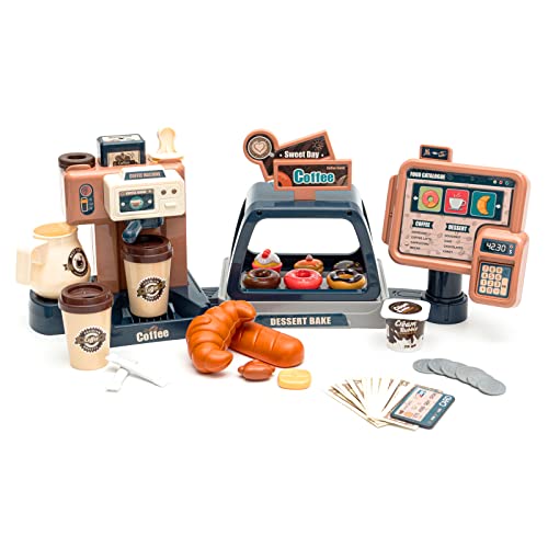 Jomifin Pretend Role Play Toy Coffee Shop for Boys and Girls with Coffee Maker Machine and Fake Donuts 41Pcs (Classic Edition)
