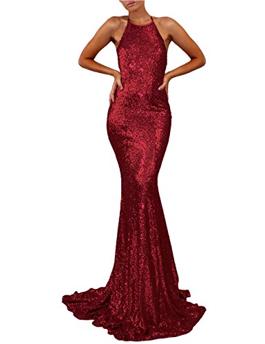 Fashion Prom Dress 2018 Formal Evening Dresses for Women Empire Waist Halter Open Back Long Gown Mermaid YPM799 Burgundy Size 12